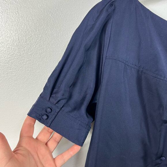 Lilly Pulitzer Navy Blue Ruffle Blouse 100% Silk Short Sleeved Size 0 - Picture 7 of 7